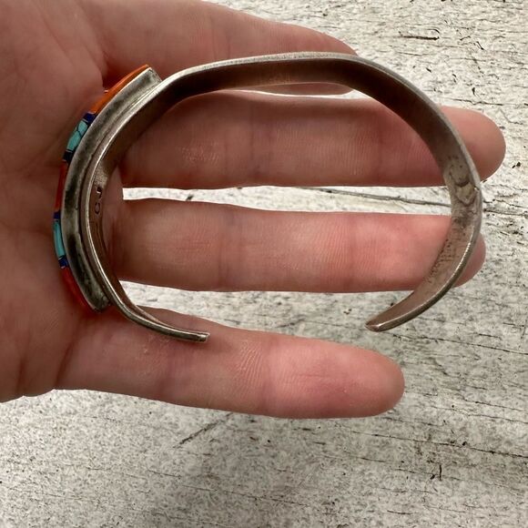 Vintage Kachina Native American Raise Coral Turquoise Sterling CJ Cuff Bracelet - Picture 7 of 10